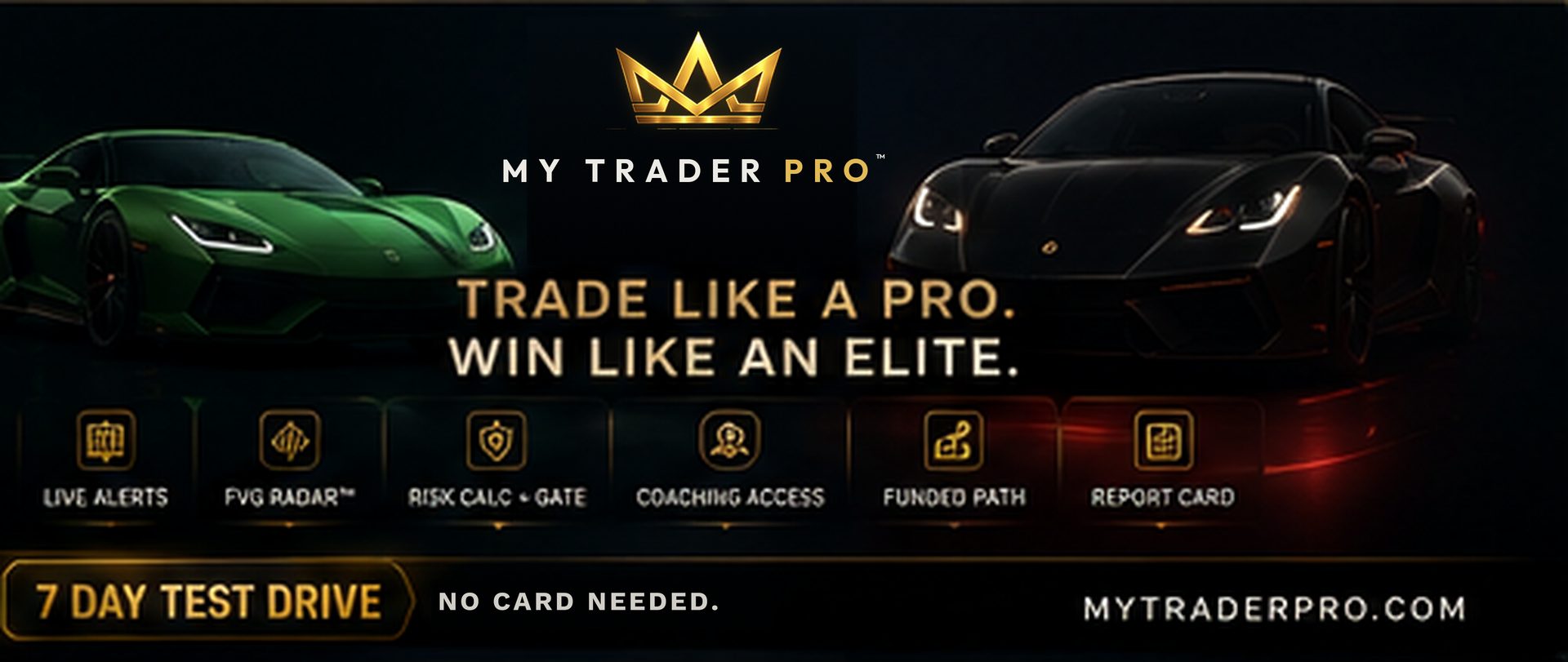 My Trader Pro — two supercars flanking the gold crown emblem, with the platform's feature lineup and the 7-day test drive
