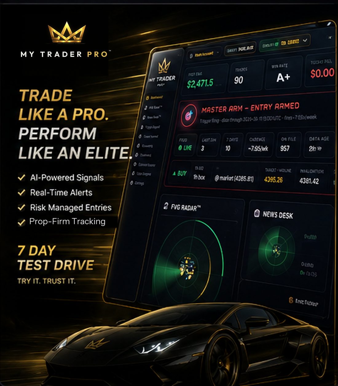 Poster — black supercar beneath the cockpit: trade like a pro, perform like an elite