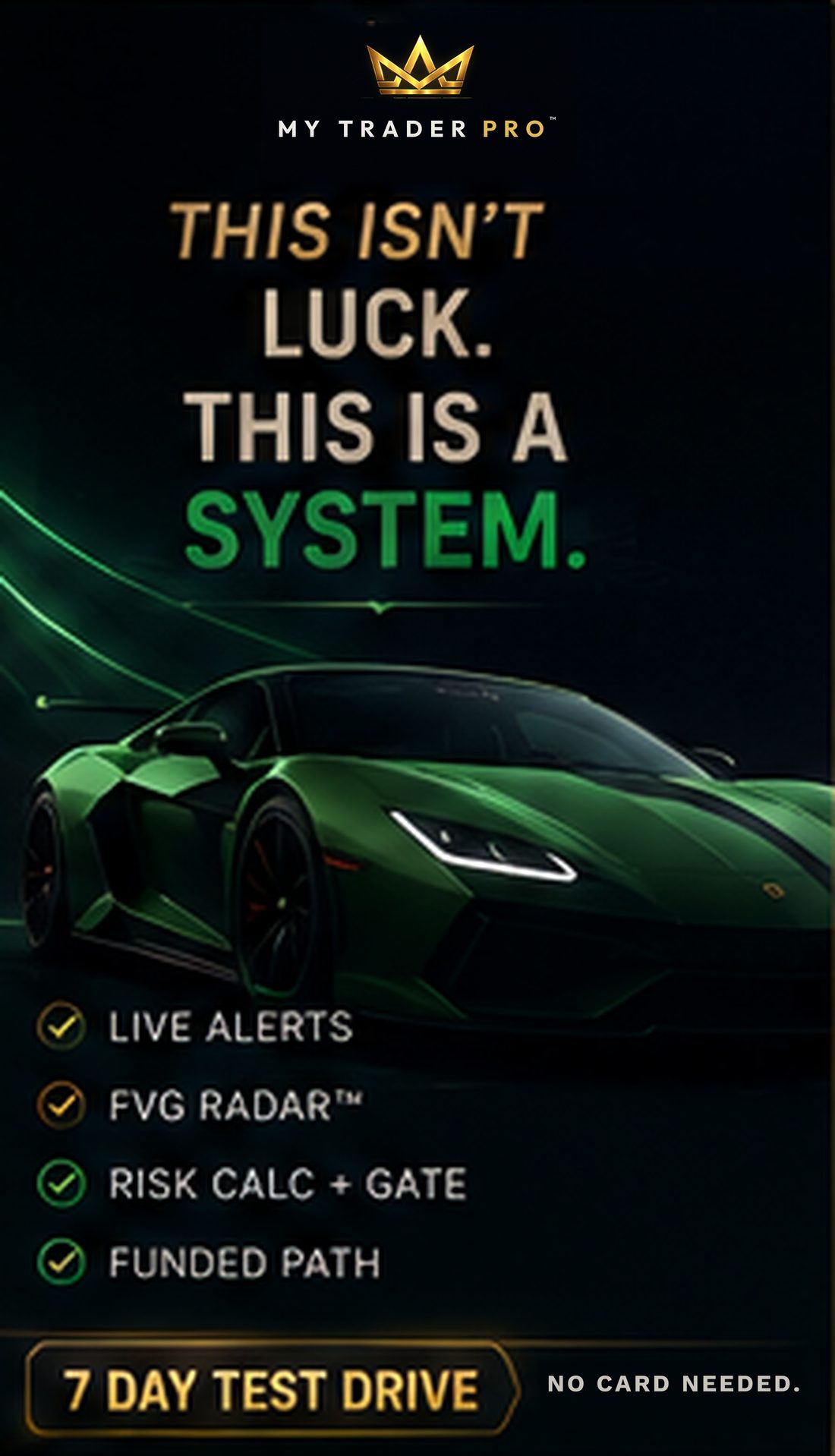 Story creative — green supercar under the words: this isn't luck, this is a system